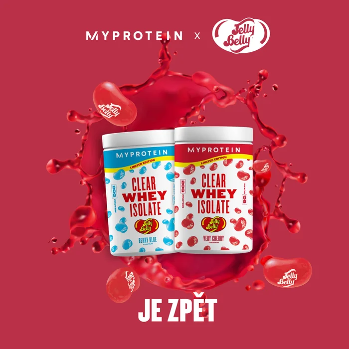 The new Clear Whey Isolate Jelly Belly flavour protein tub in Very Cherry and Berry Blue.